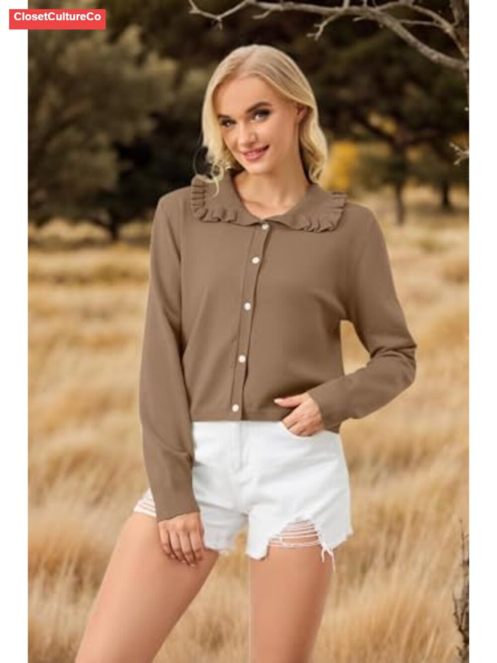 Cropped Cardigan Ruffle Collar Button Down Knit Sweater Women - Picture 3 of 6